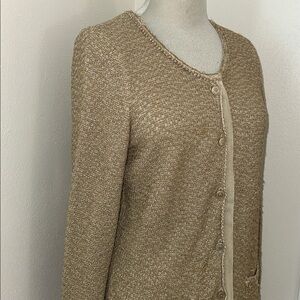 Escada gold beige metallic button up down sweater mesh trim medium m